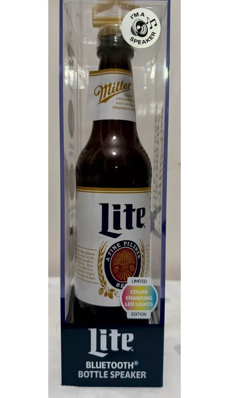 Miller Lite Bottle Shape Bluetooth Light Up Color Changing Speaker New in Box