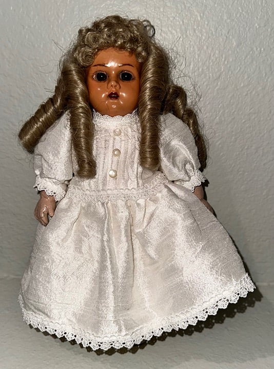 12” Antique German Schulz Marke Celluloid Head Doll #10 Silk Clothes Shoes 1800s