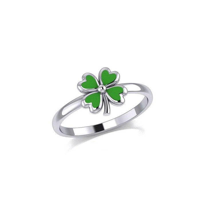 Four-Leaf Green Enamel Sterling Silver Ring, size 8