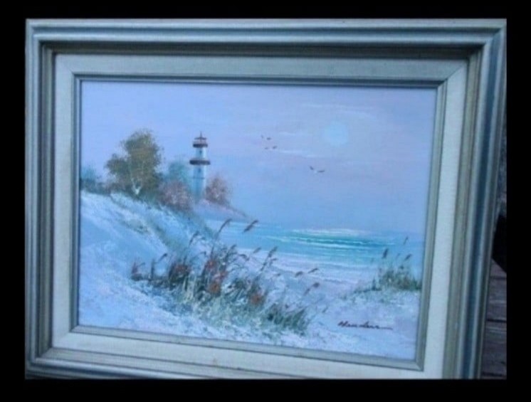 Beautiful vintage pastel seascape lighthouse, matted, framed and signed, Hender.