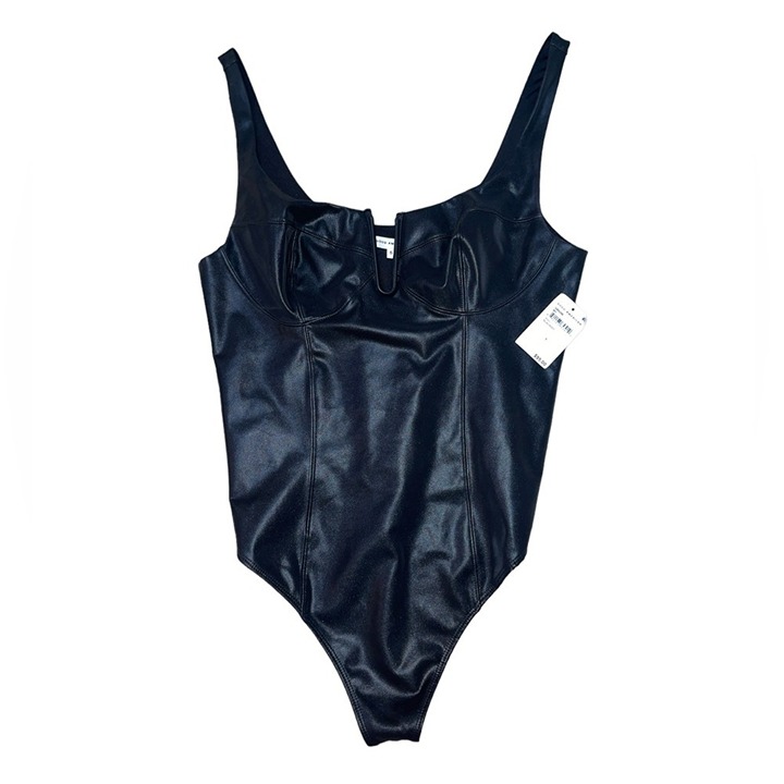 Good American NWT black v-front faux leather bodysuit women’s size 5