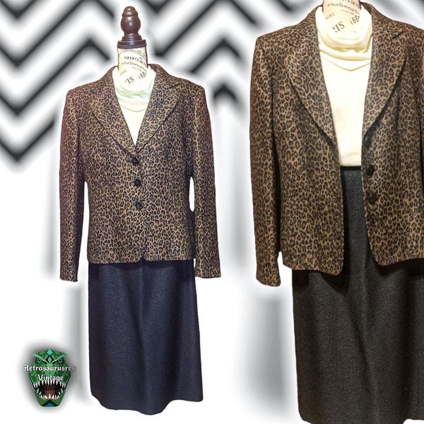 Vintage 1990’s Leopard Animal Print Two Piece Business Interview Power Suit, Plu