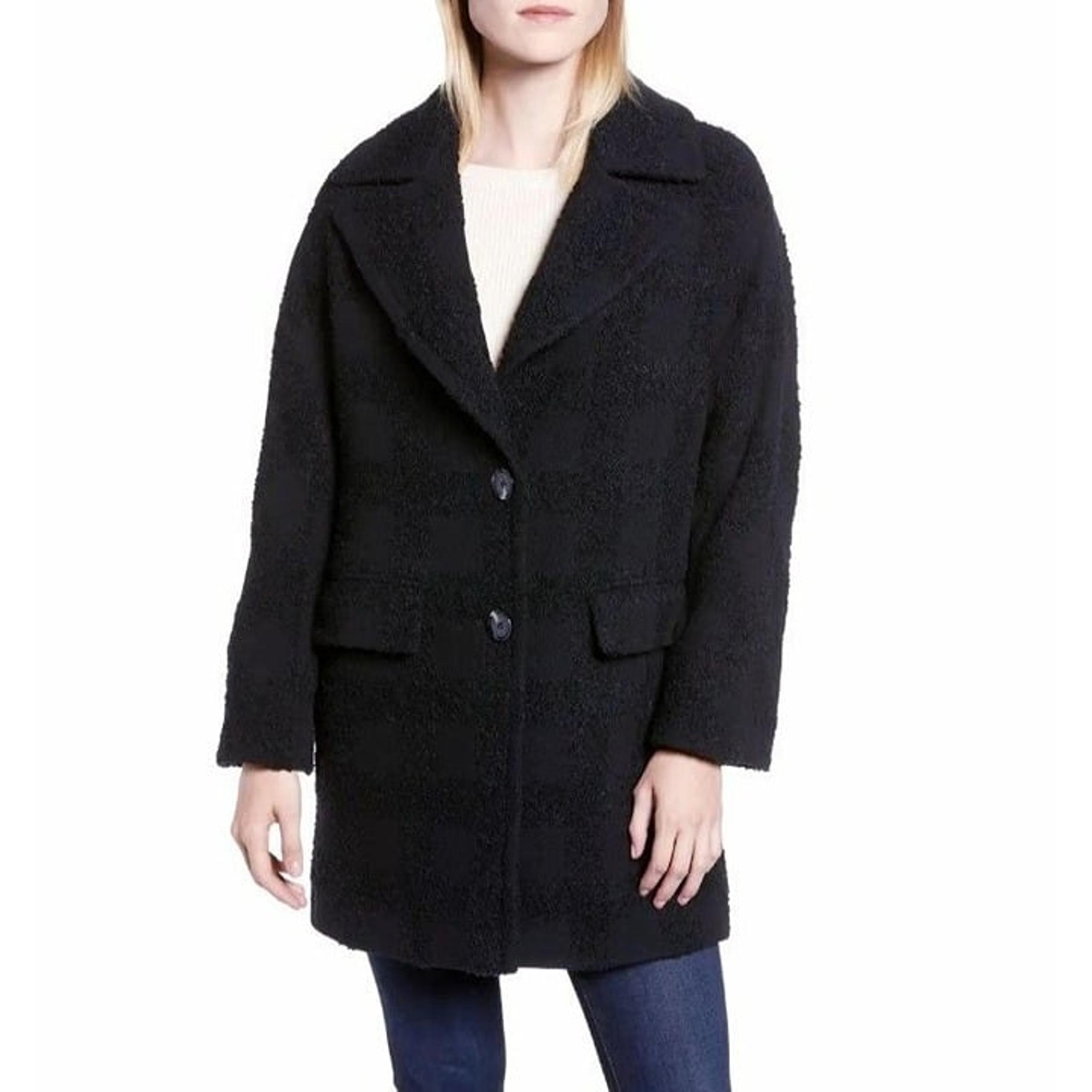 Michael Kors Womens Single Breasted Wool Blend Bouclé Coat Black Jacket Sz L NEW