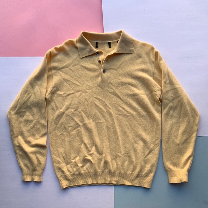 Vintage Yellow Mens 100% Cashmere Collared Sweater Size Small Preppy Designer