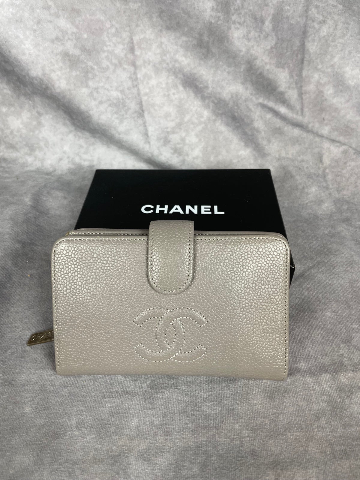 Chanel Caviar L-Zip CC French Wallet Light Grey