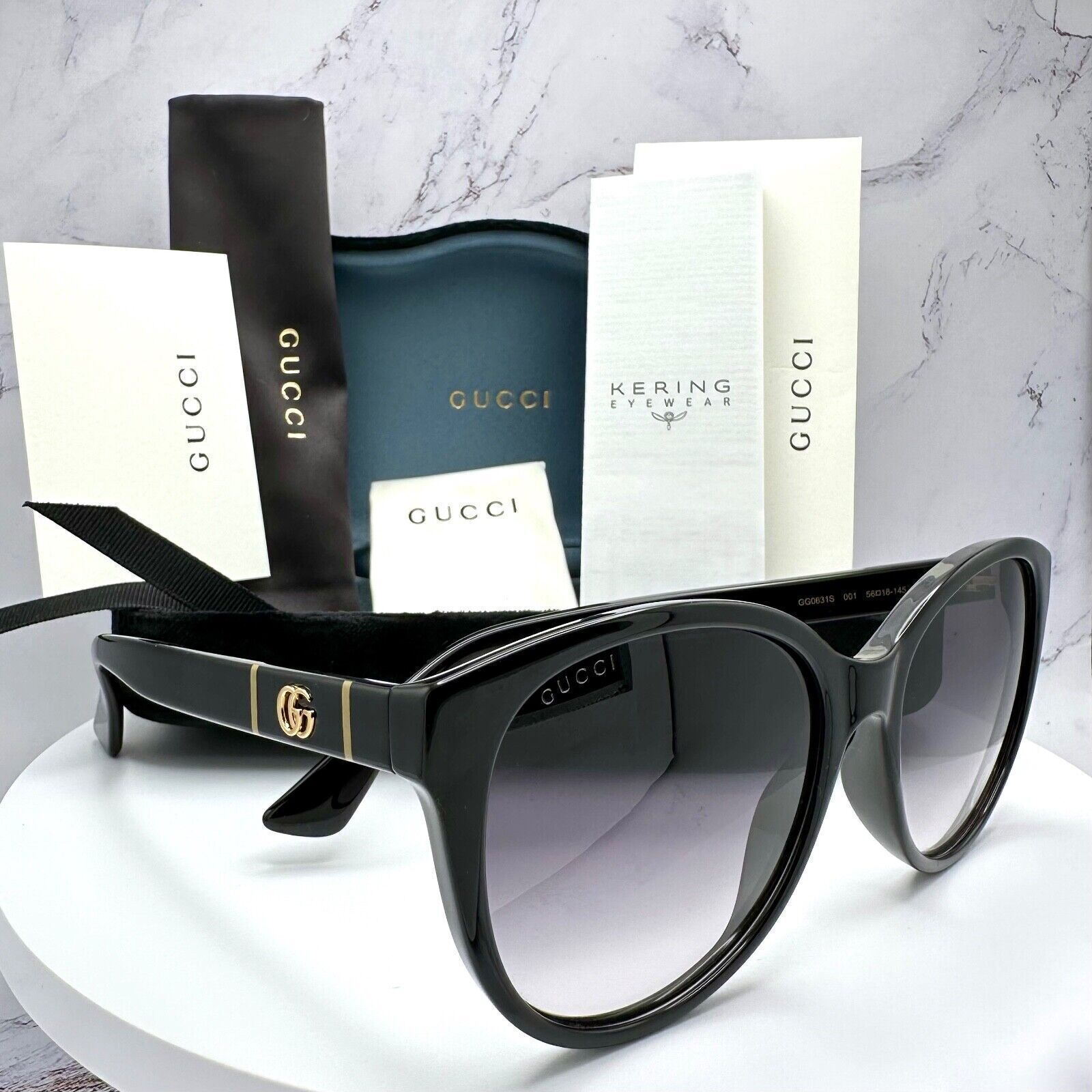 New Gucci Sunglasses Black Acetate Round Gold Metal GG Logo Italy Authentic