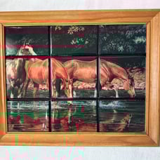 Vintage Wild Horses Drinking From River Mural Ceramic Tile Art Wall Decor Framed