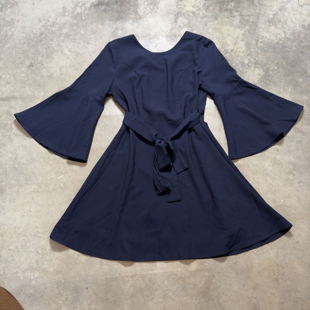 J.O.A. Dress Womens Medium Navy Blue Fit Flare Tie Waist Short Cross Back