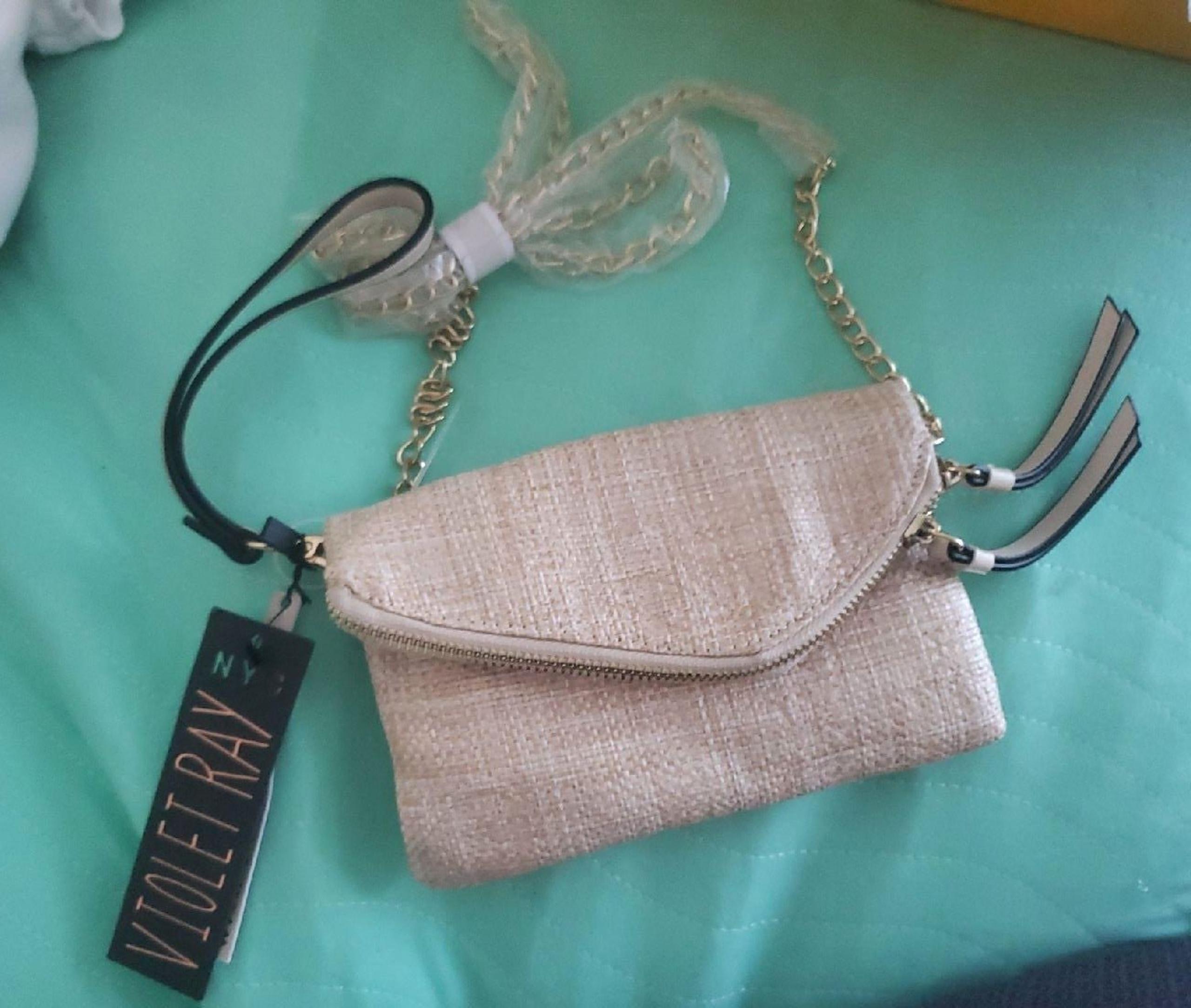 Crossbody new violet ray nyc small tan bag gold chain magnet close zipper purse