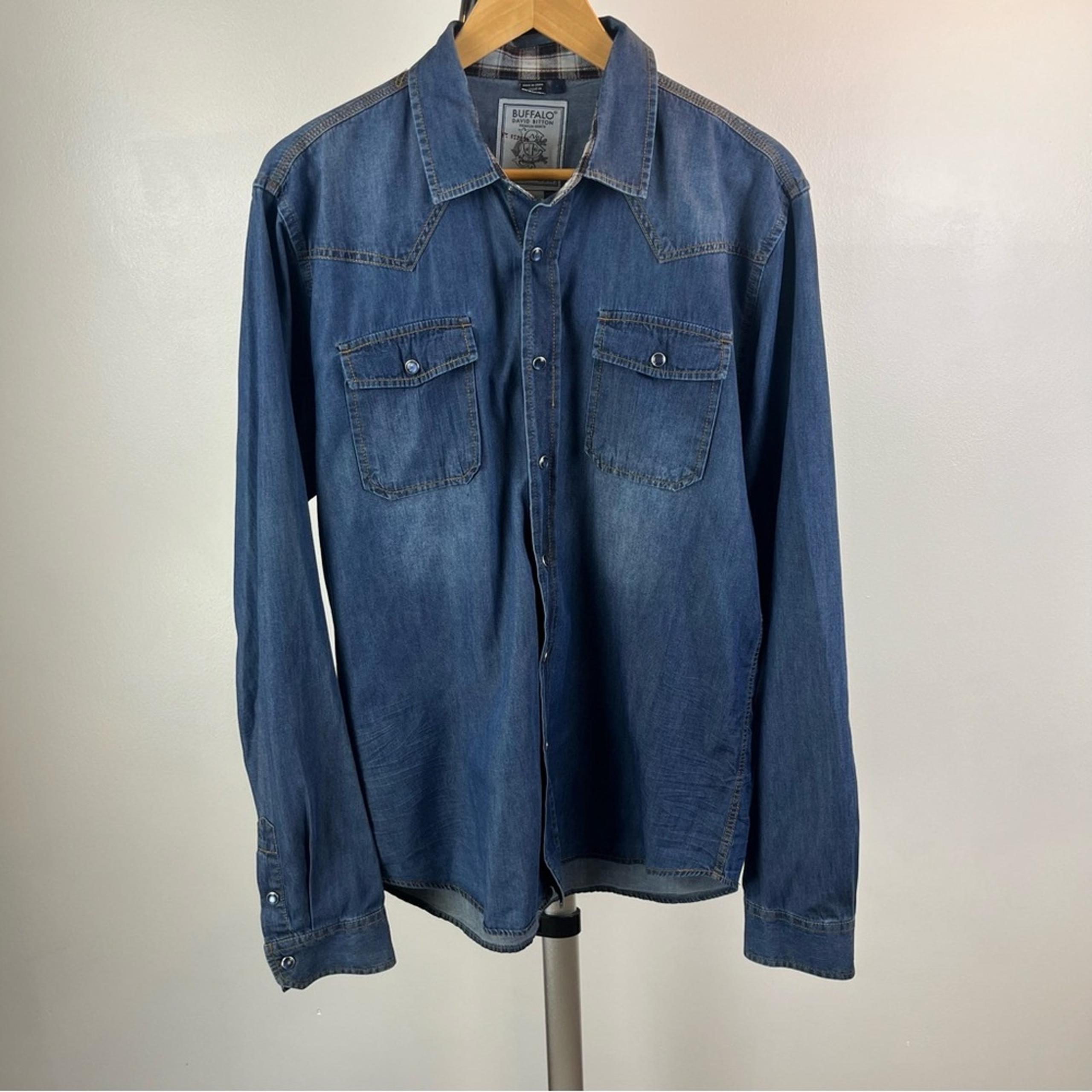 Buffalo David Bitton Shirt Men's Large Blue Denim Cotton Snap-Front