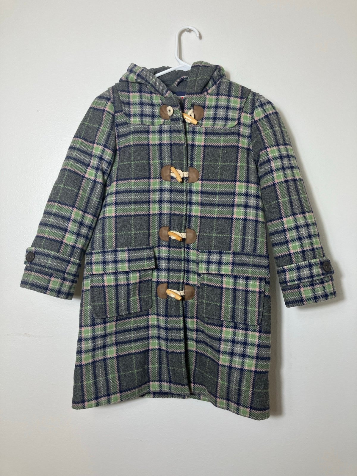 Mini Boden Girls Plaid Wool Long Pea Coat Girls Sz 9/10 Pockets Warm School