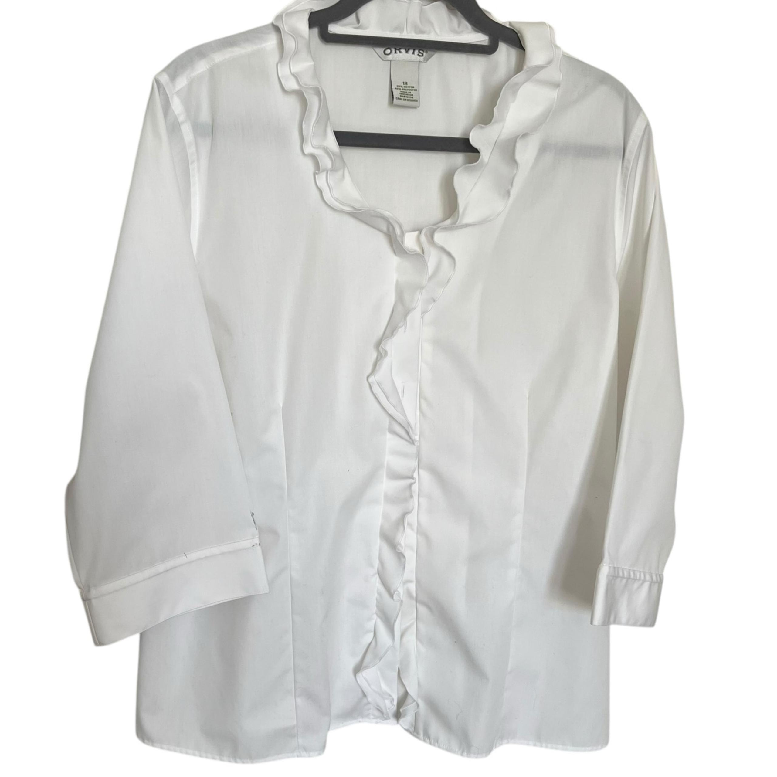 Orvis Women's Cotton Blend Ruffle Neckline 3/4 Sleeve Button Up White Size 18