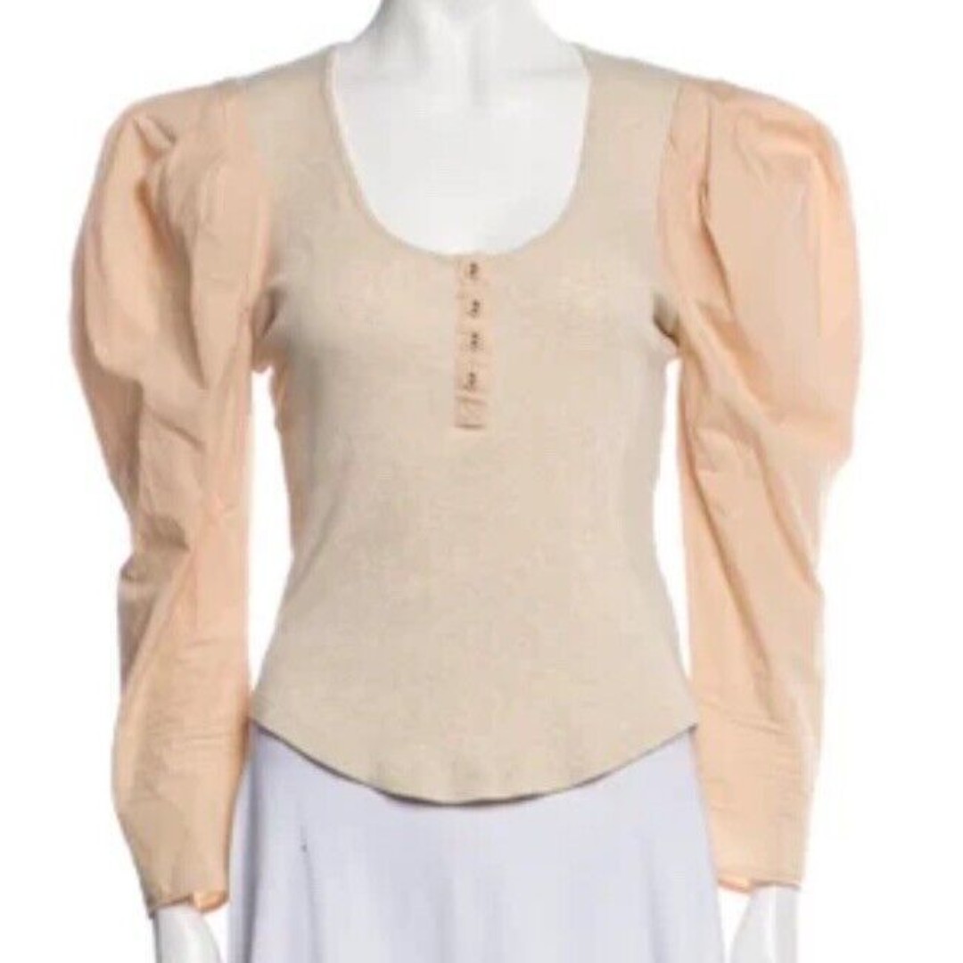 Ulla Johnson Blouse Sz M Joanne Top Ribbed Puff Sleeve Jersey Poplin Oatmeal New
