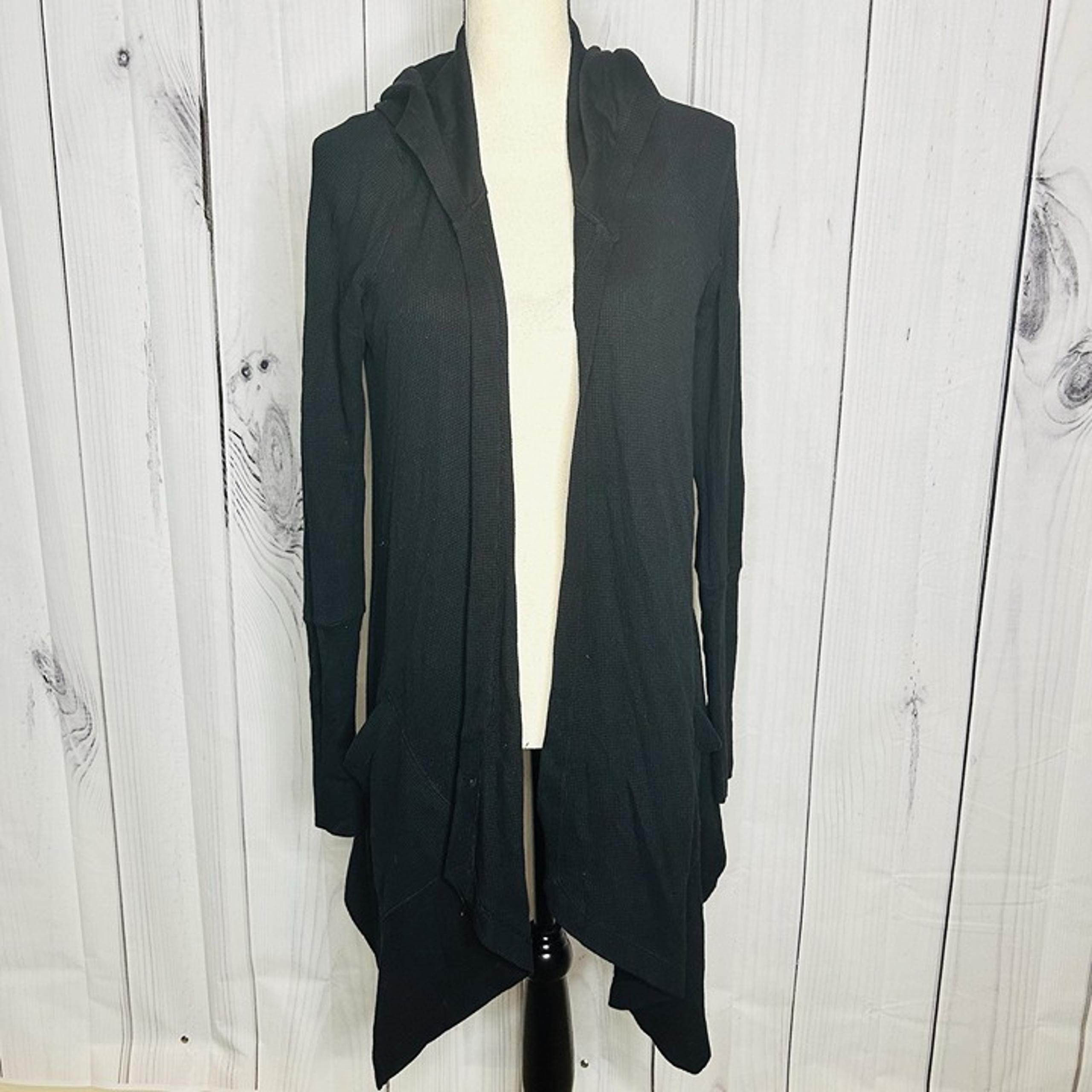Splendid Womens Black Waffle Knit Wrap Hooded Open Front Cardigan Sz M