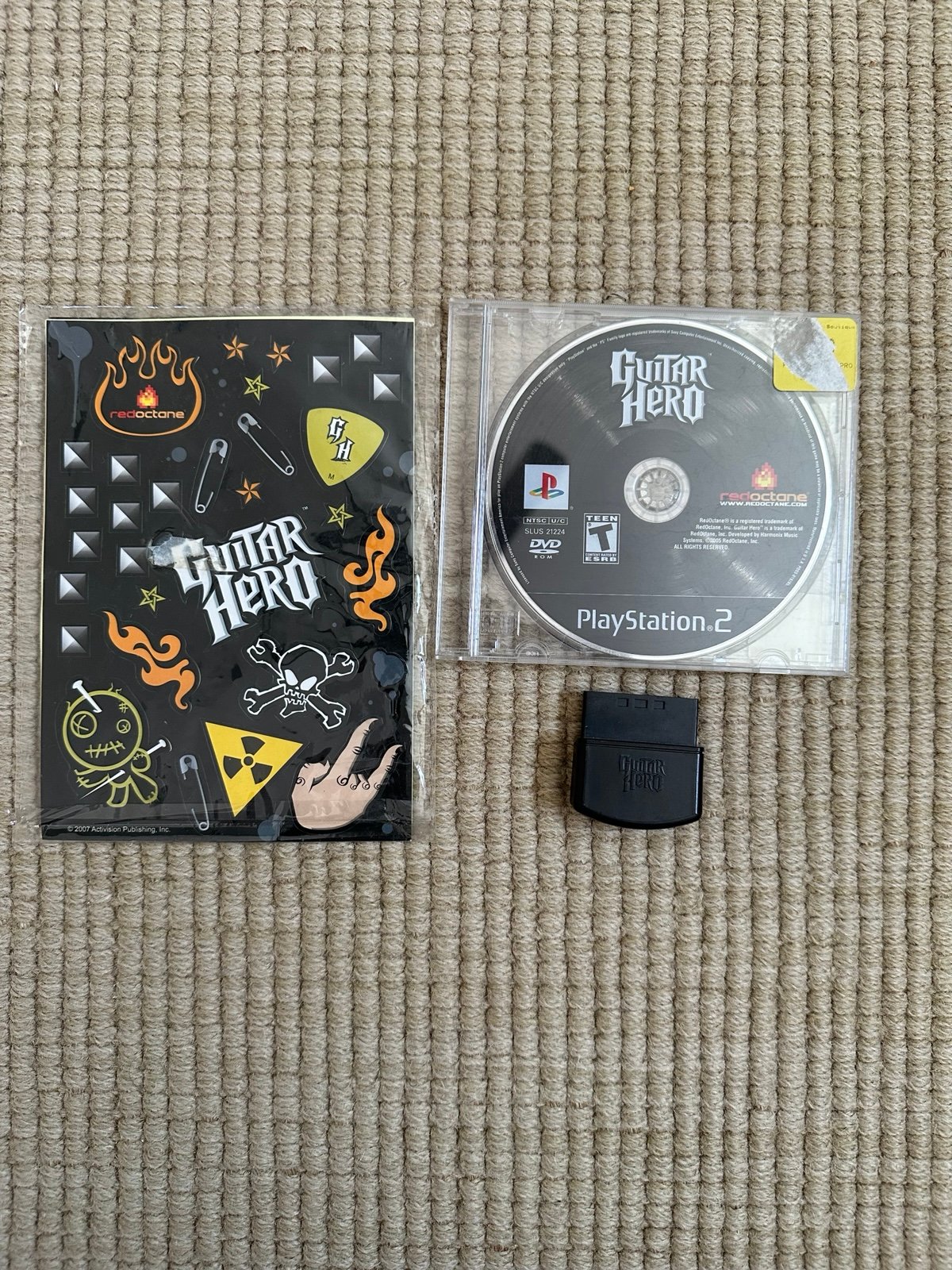 Guitar Hero PS2 Disc Only + RedOctane Wireless Guitar Dongle + Unused Stickers