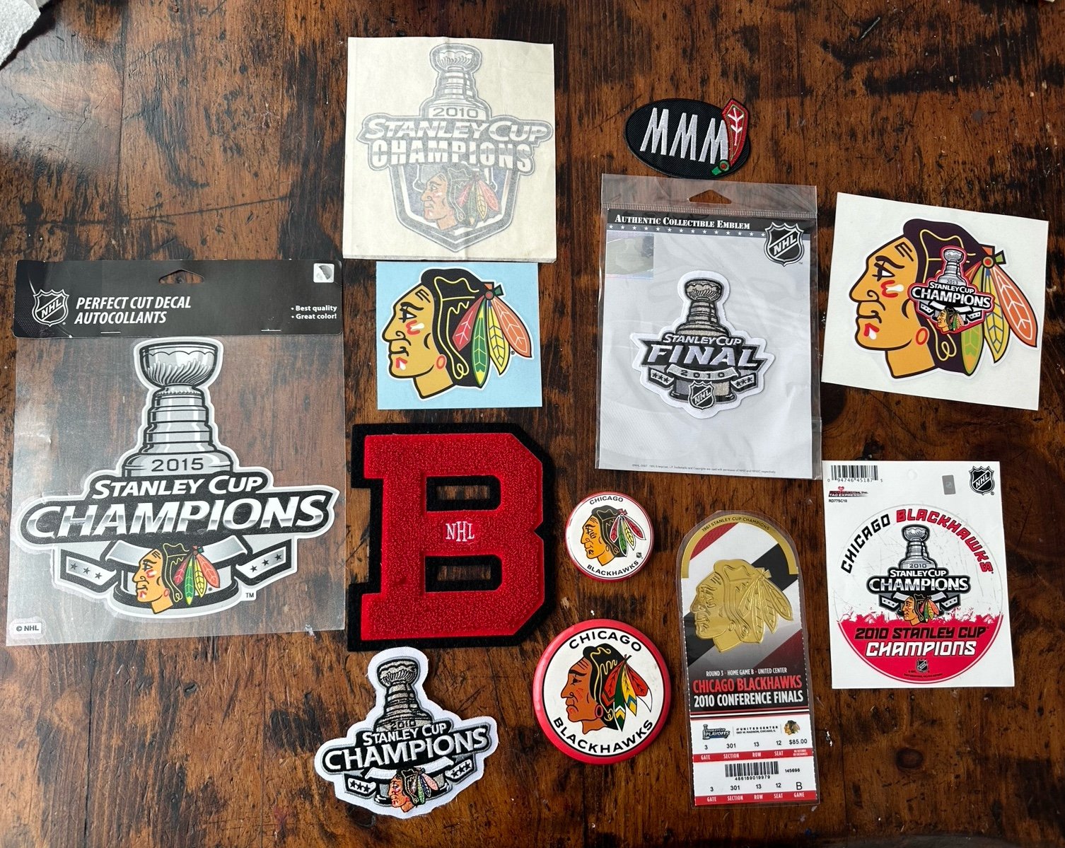 Lot of Chicago Blackhawks hockey patches stickers pins buttons ticket