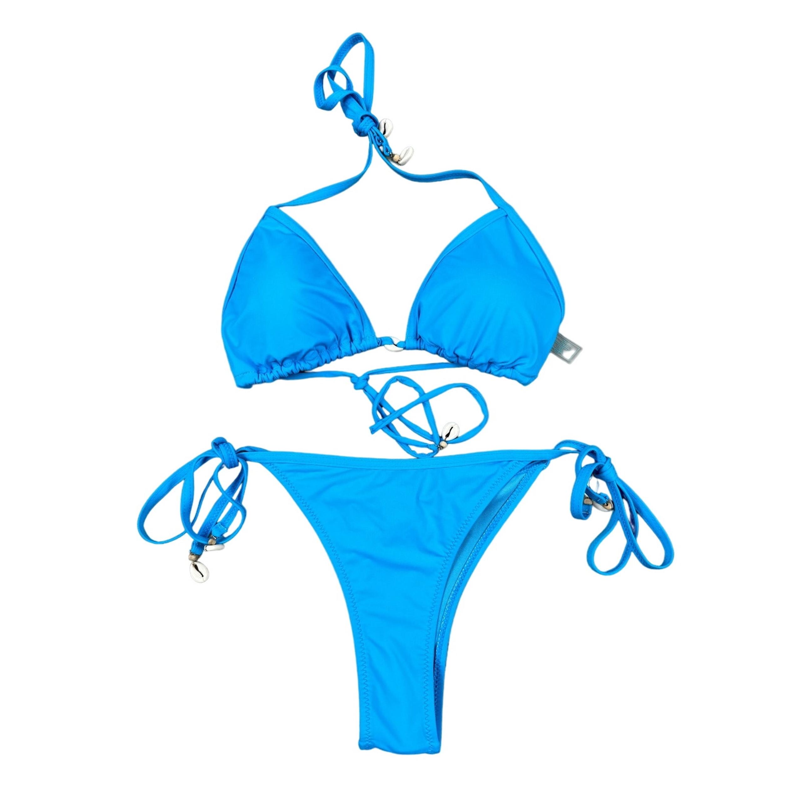 Sunny Co Clothing - Triangle Halter Tie Bikini Top & Tie Side Bottoms in Blue