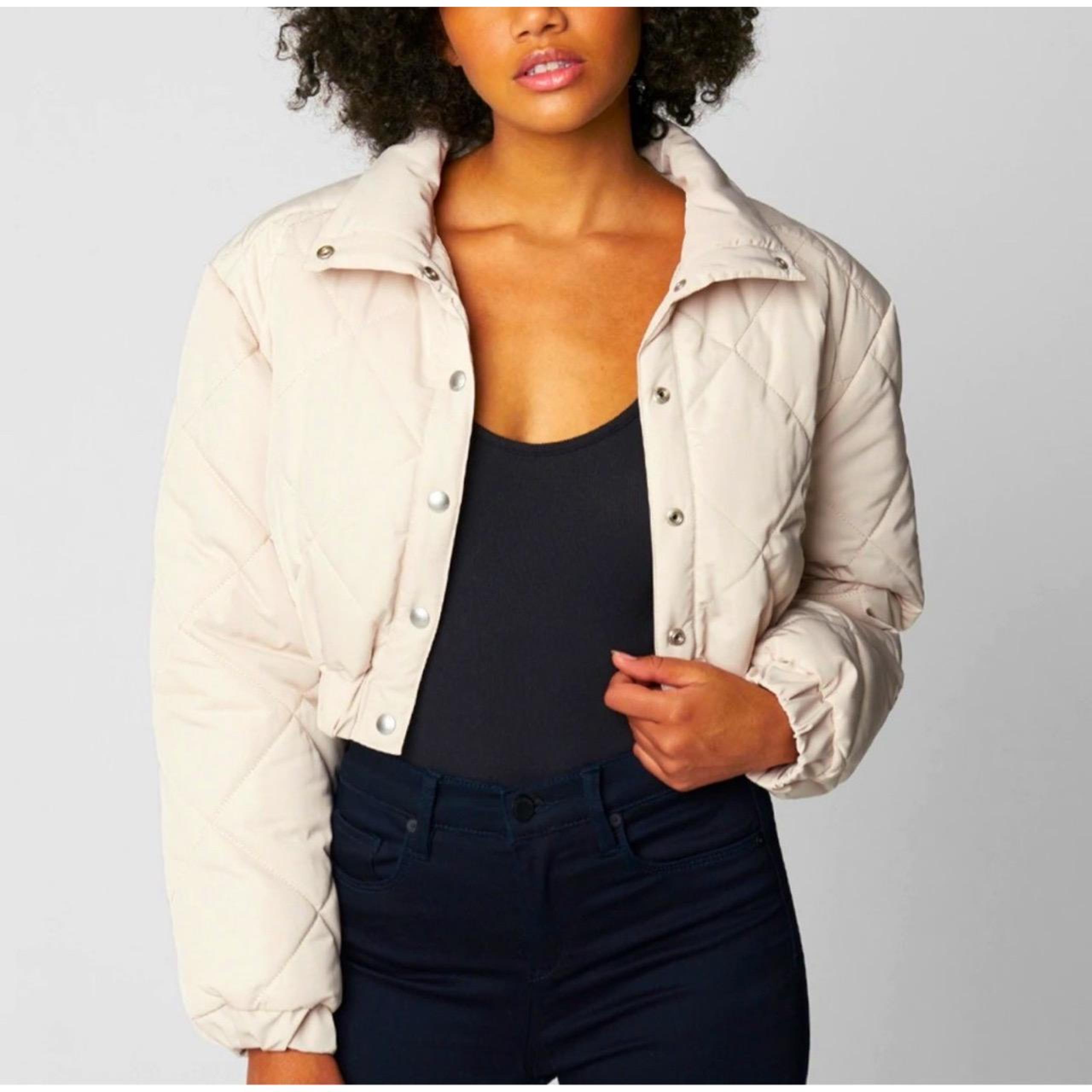 BlankNYC Jacket Womens Large Beige Puffer Cropped Bomber Lightweight Quilted