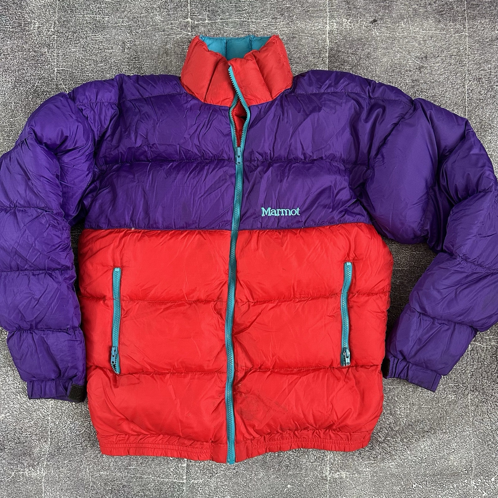 Mens Vintage 90s Marmot USA Purple Red Color Block Goose Down Puffer Jacket Sz S