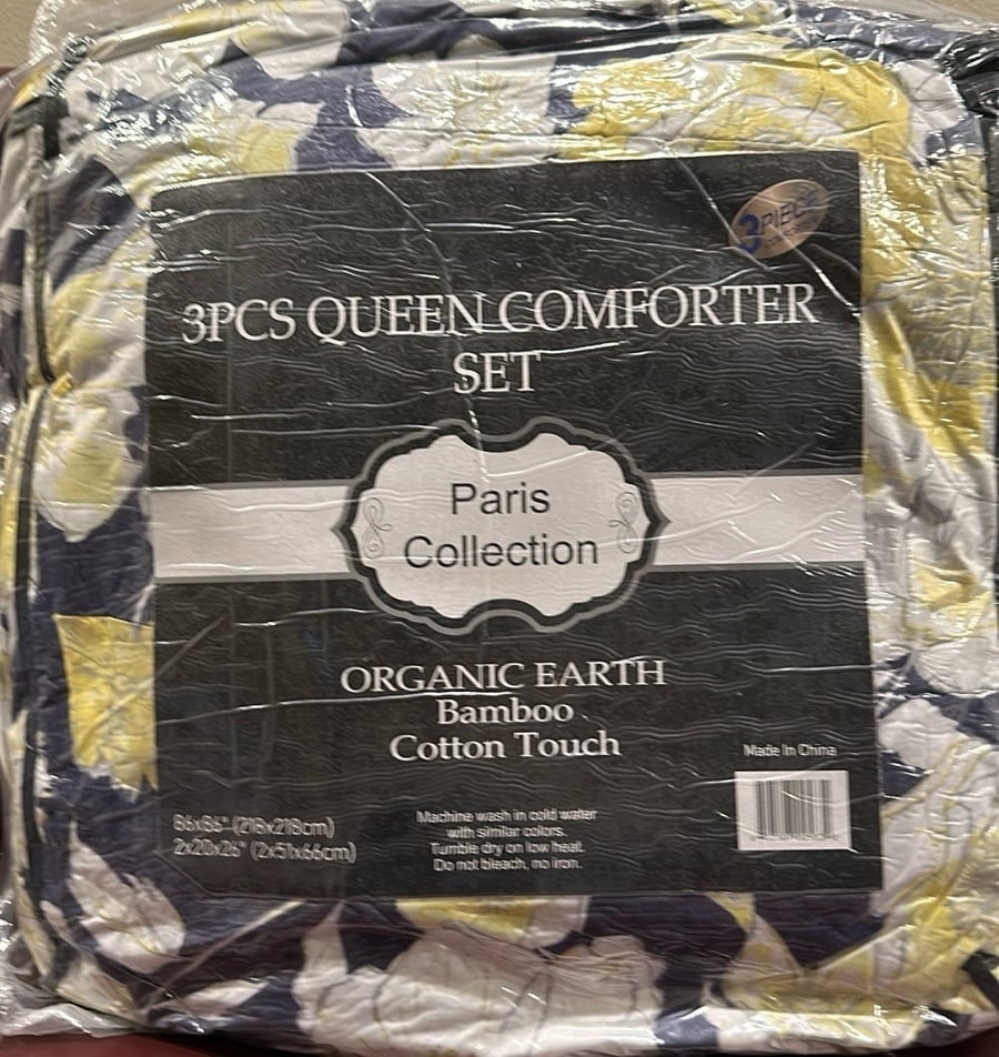 3 pc Queen Comforter set Yellow Floral Print Organic Earth Bambo Cotton Touch