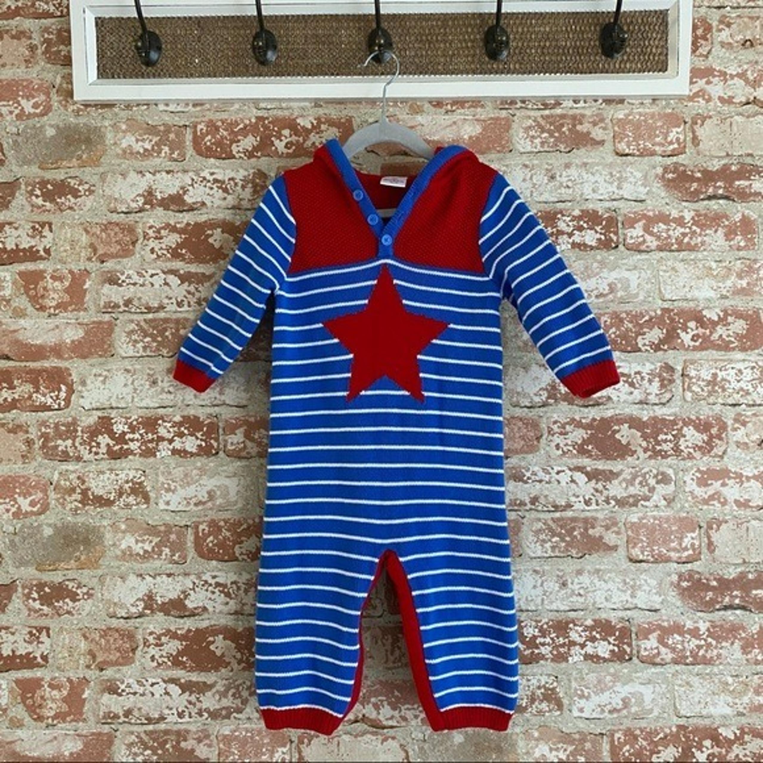 Hanna Andersson Knit Star Red White Blue Hood Romper