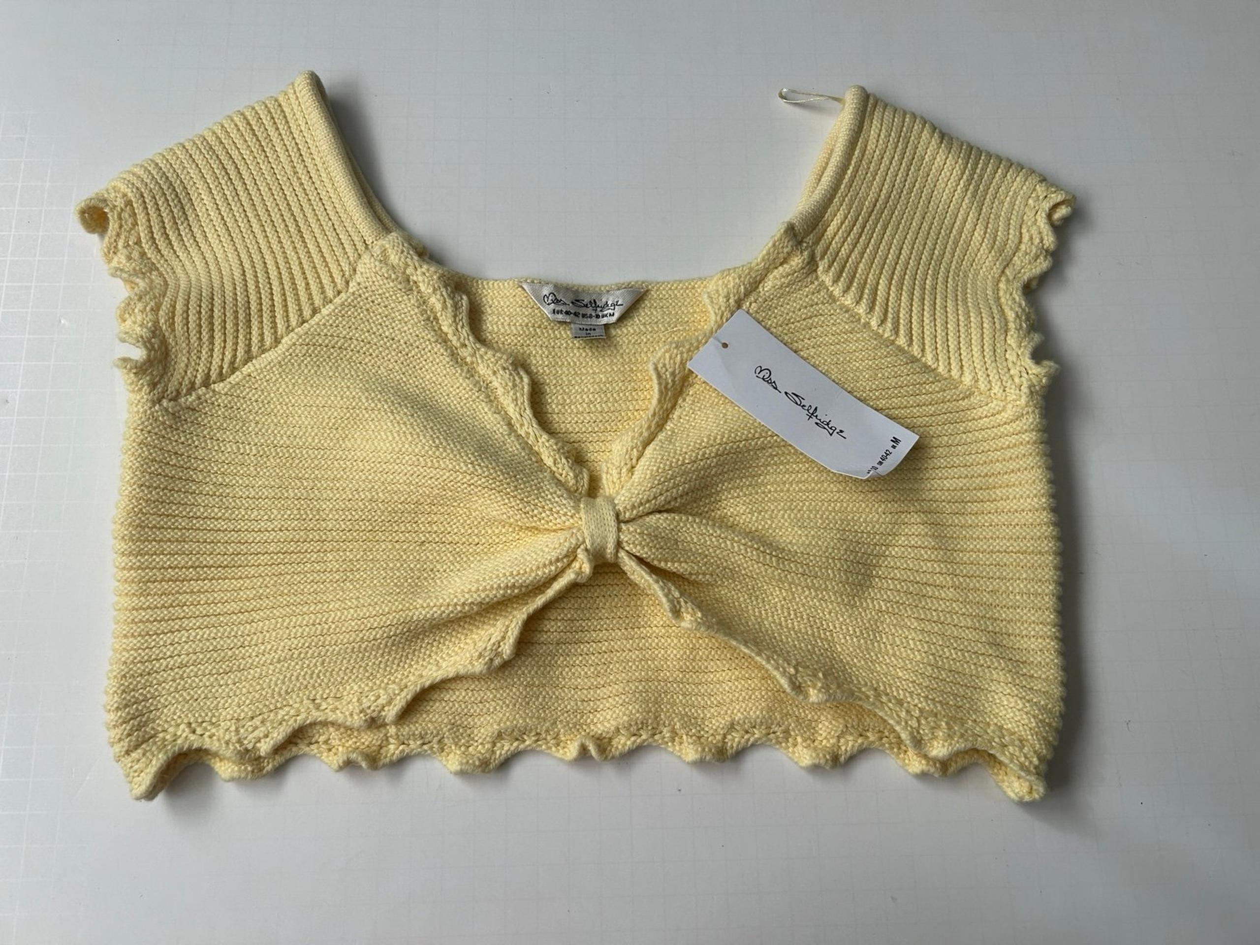 ASOS Miss Selfridge Crochet Knit Scallop Neck Ruched front cropped Yellow Top