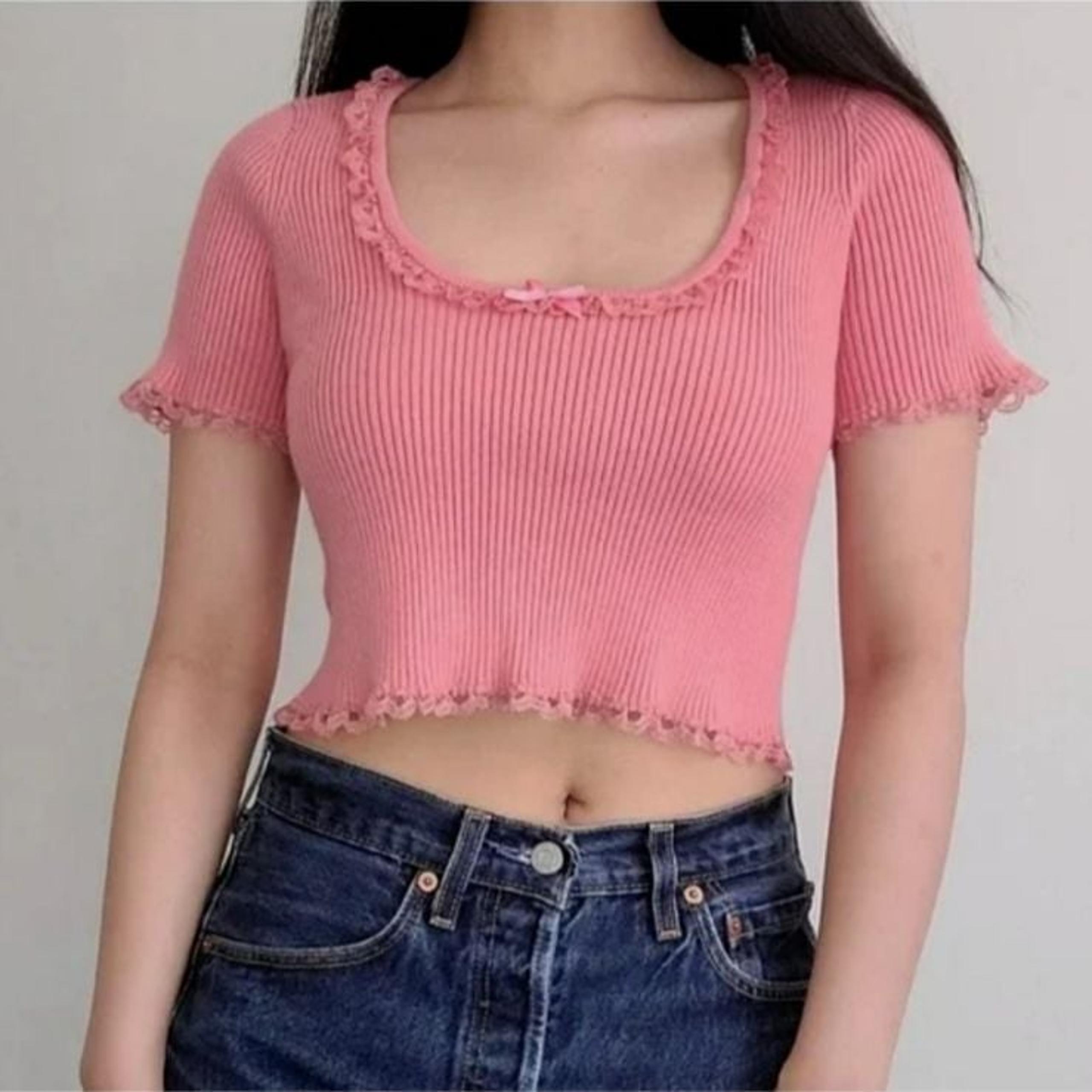 For Love & Lemons Top XS Pink Calla Knit Ribbed Lace Trim Babydoll Cropped Y2K