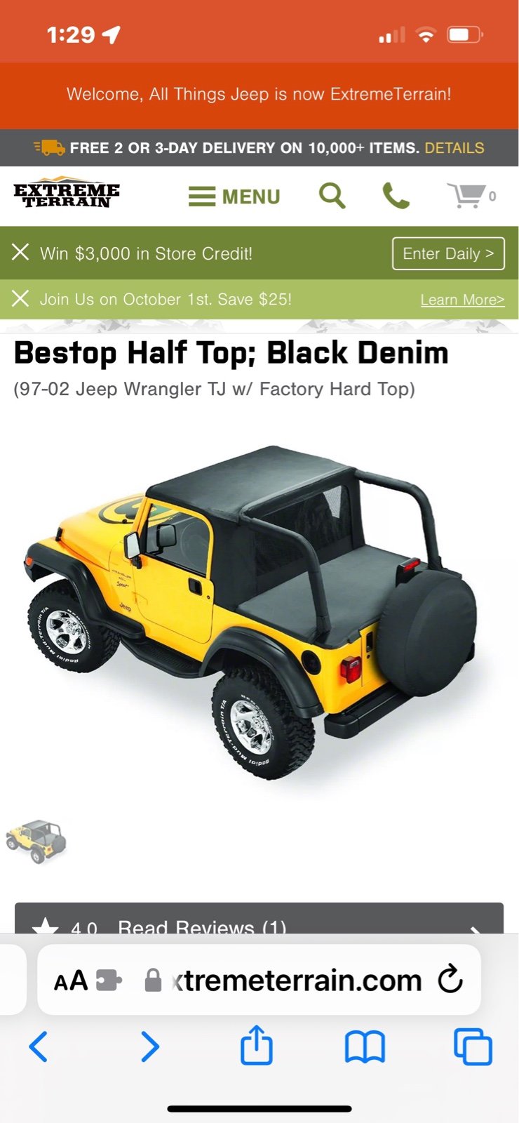 Bestop Halftop No Doors, Black Denim for Jeep with Factory Hardtop