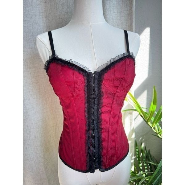Guess Vtg Y2K Red Black Corset Medium WhimsyGoth Festival Jacquard Top
