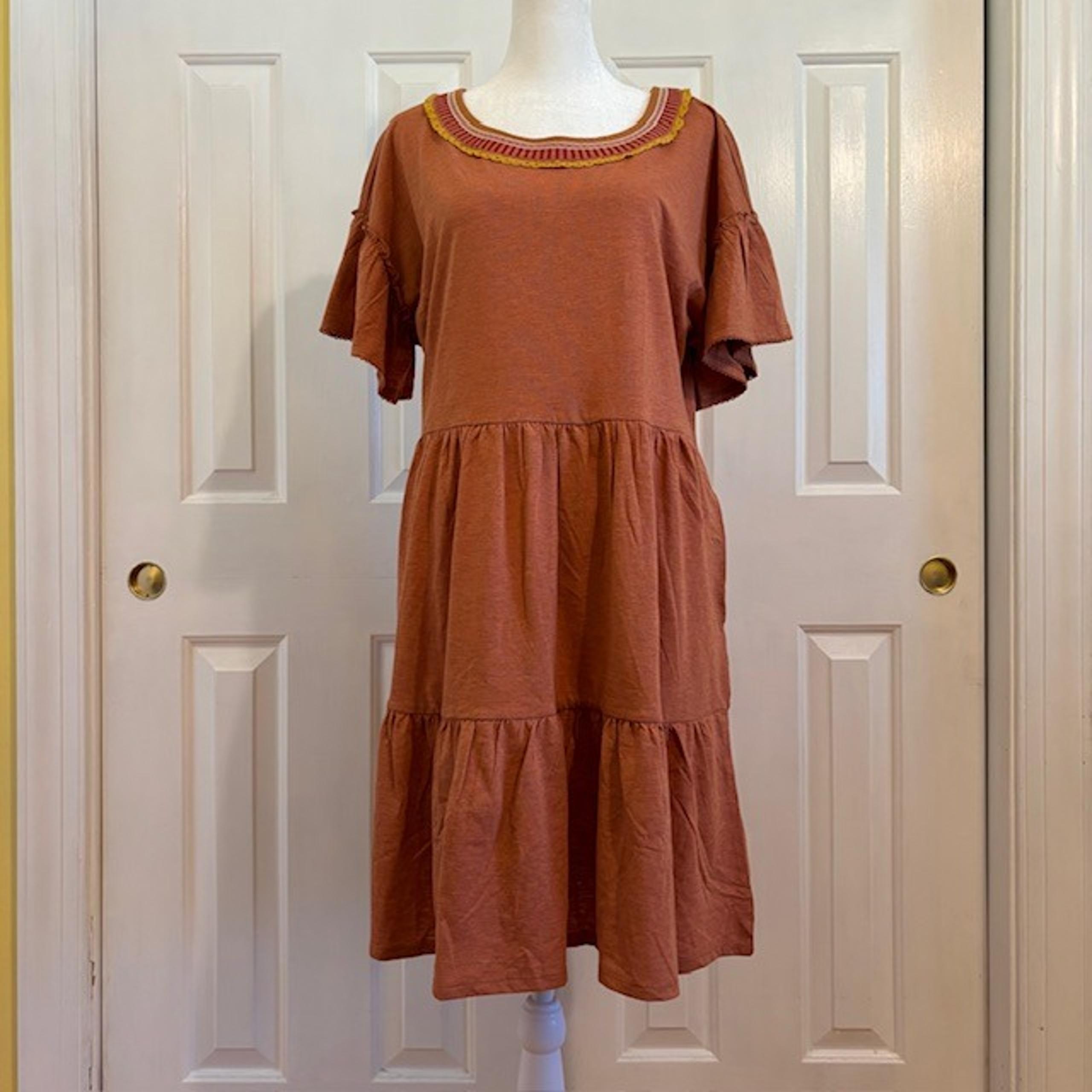 Matilda Jane Burnt Orange Tiered Embroidered Mini Dress w/Short Ruffled Sleeves