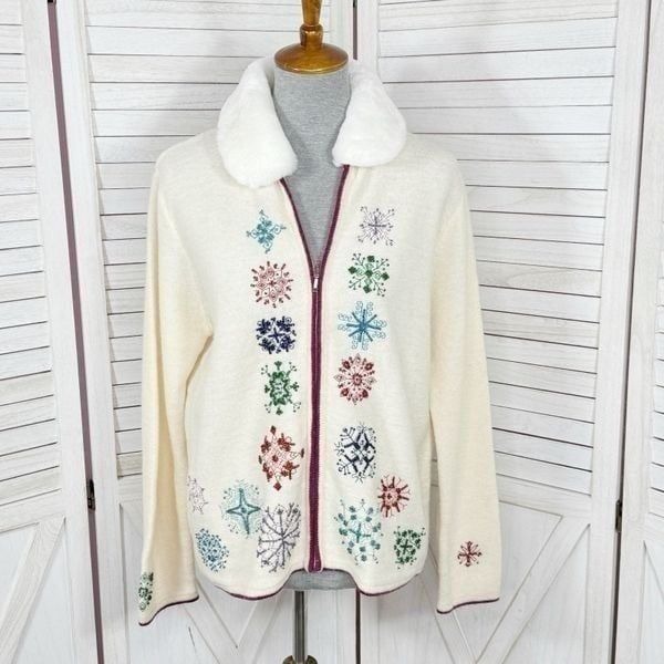 Karen Scott Vintage Snowflake Faux Fur Collar Wool Cardigan Sweater Cream Medium