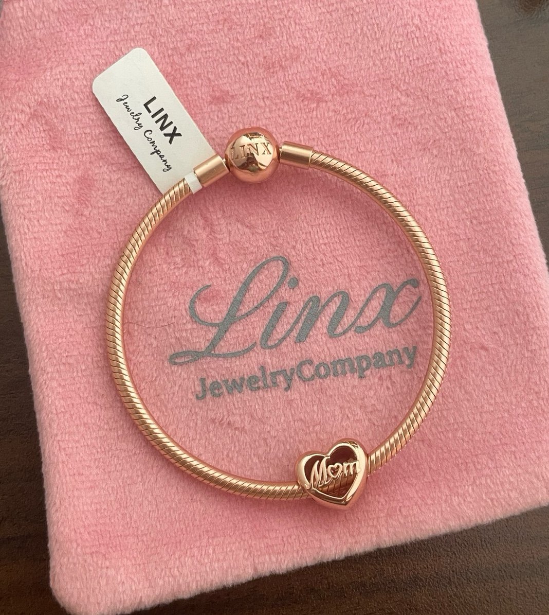 Linx Rose Gold Snake Chain Bracelet with Rose Gold Mom Heart Charm