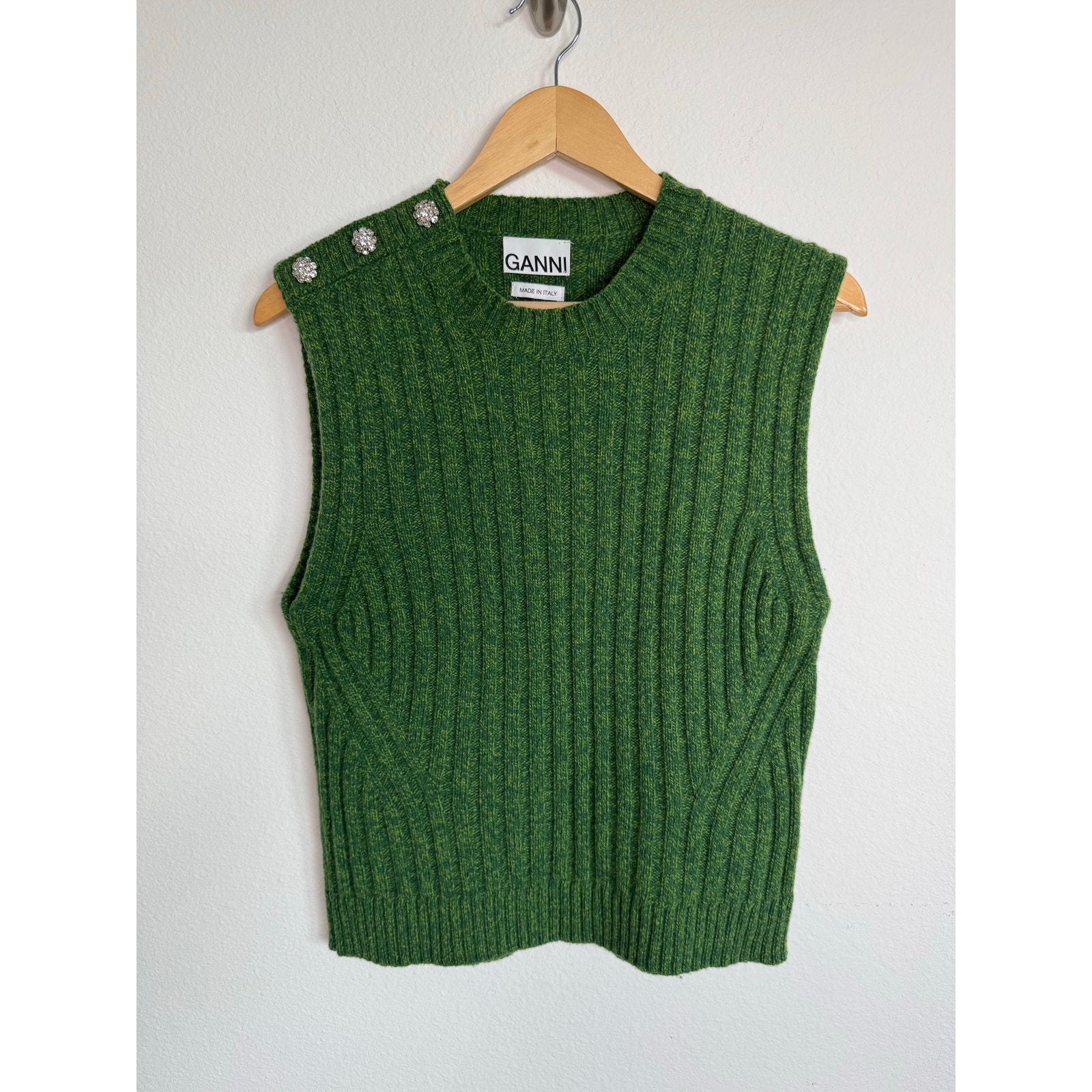 Ganni Womens Wool Mix Vest Ribbed Green Size Large Crystal Snaps