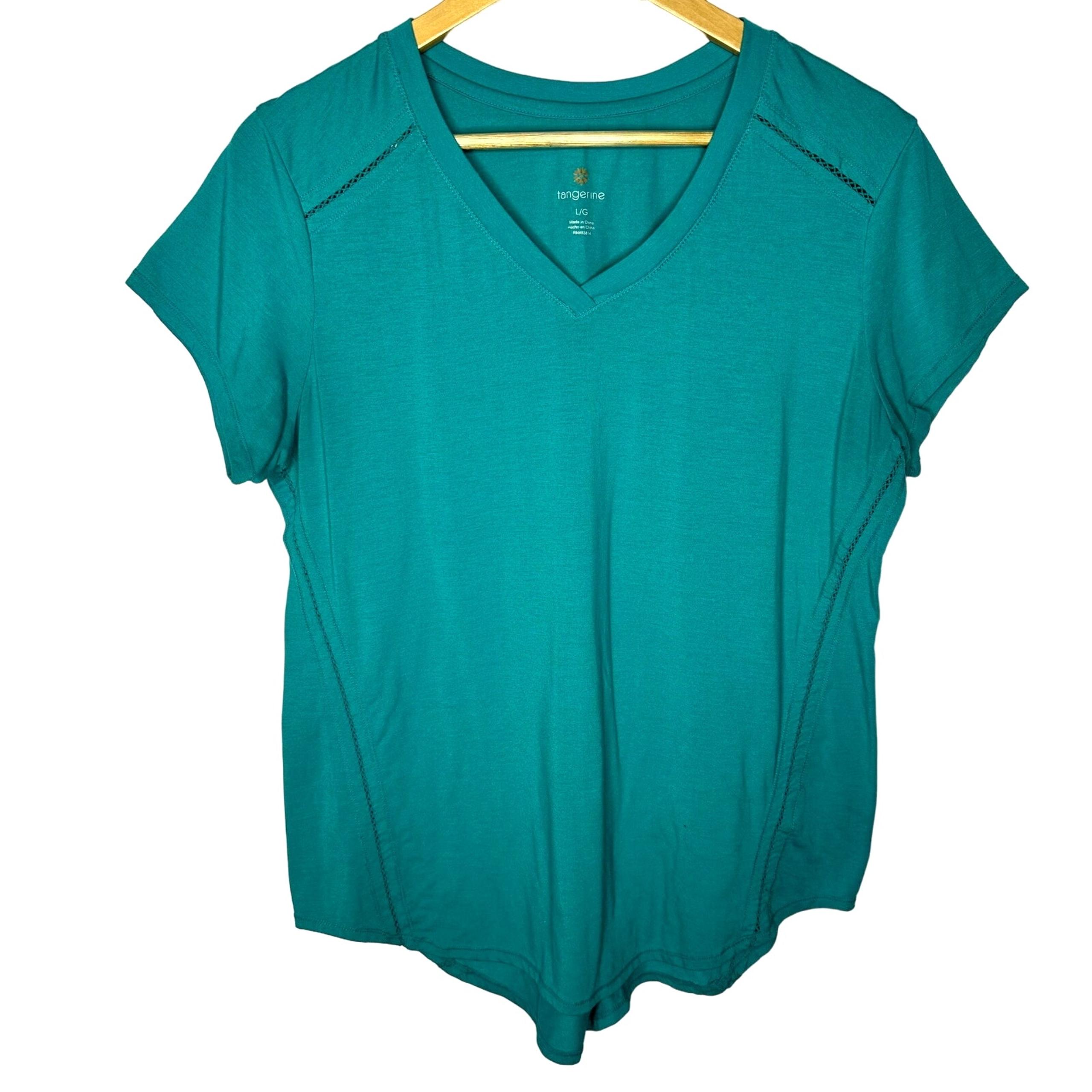 Tangerine Blue Green Teal Athletic Stretchy Round Hem V-Neck T-Shirt Large