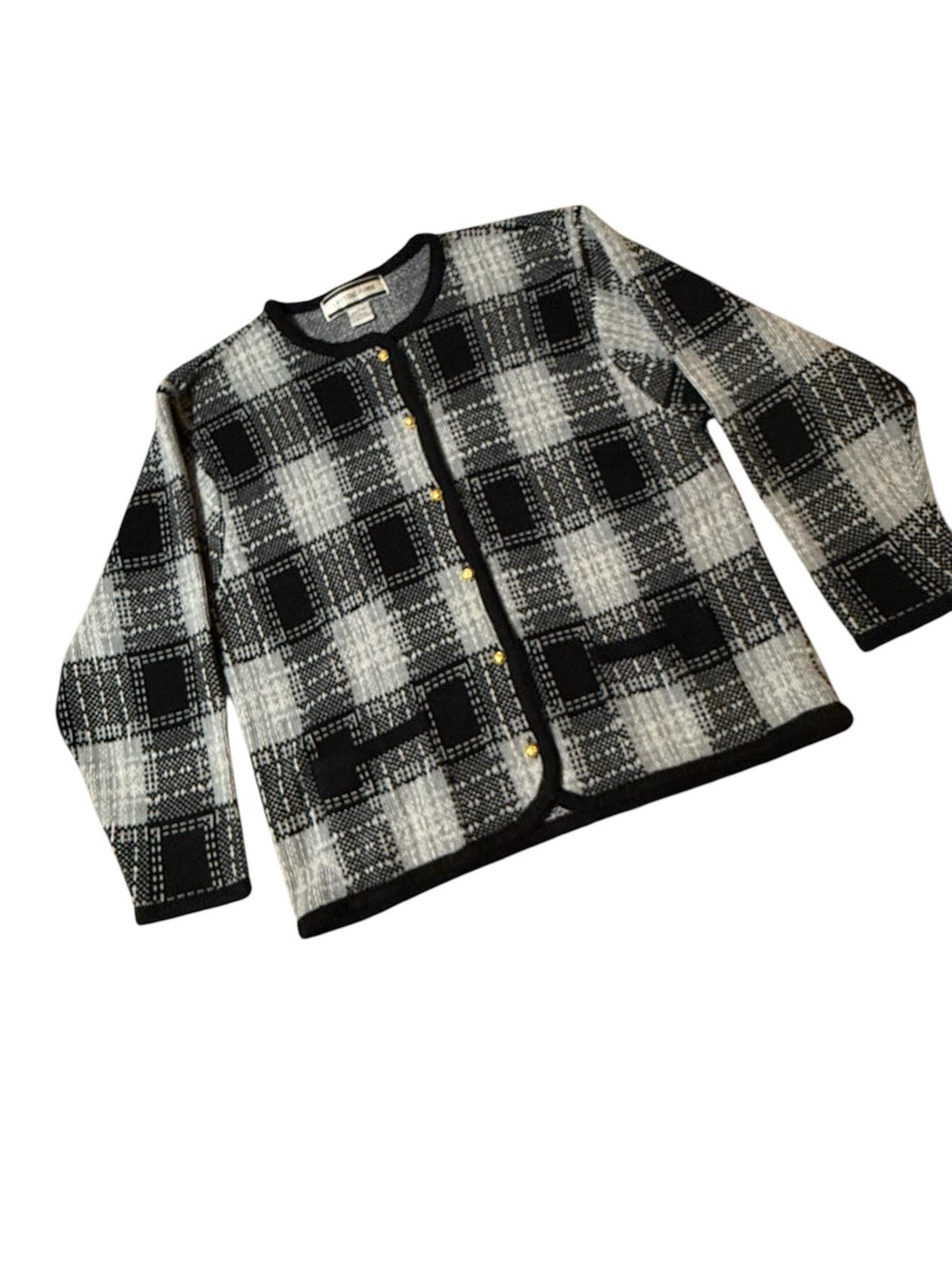 Vintage 80s Blue Black White Plaid Preppy Button-up Pockets Cardigan Women's Lg