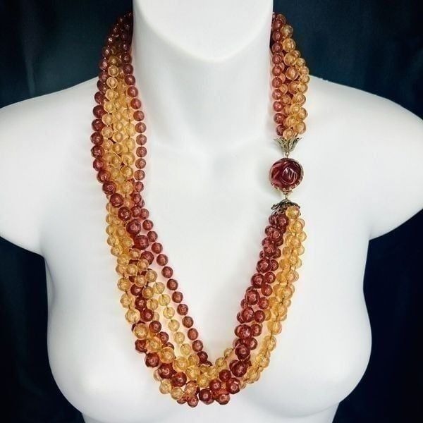 Vintage Chunky Amber Yellow Lucite Multi Strand Beaded Necklace Dome Box Clasp