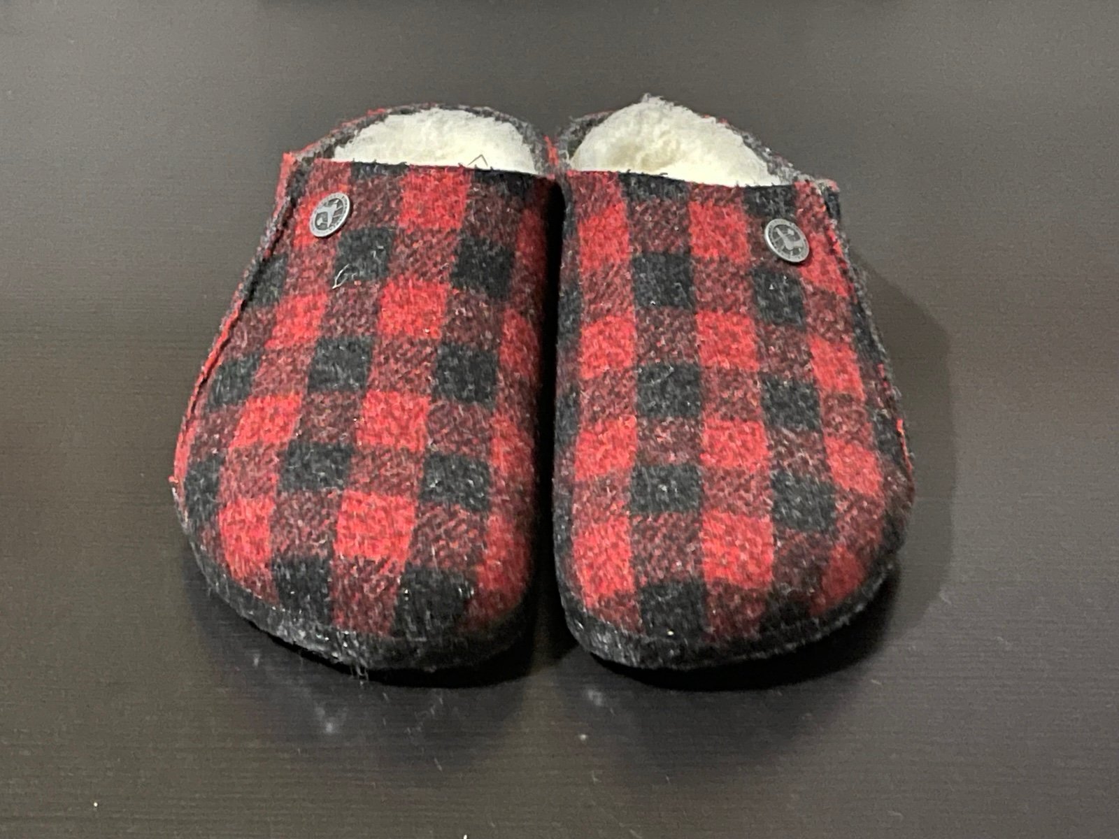 BIRKENSTOCK kids RED CHECK WOOL LINED SLIPPERS-Size:34- US size:3