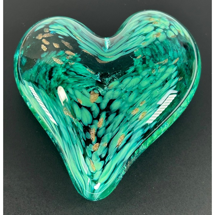 Art Glass Hand Blown Paperweight Heart Shape Speckled Green Gold Shimmer Flakes