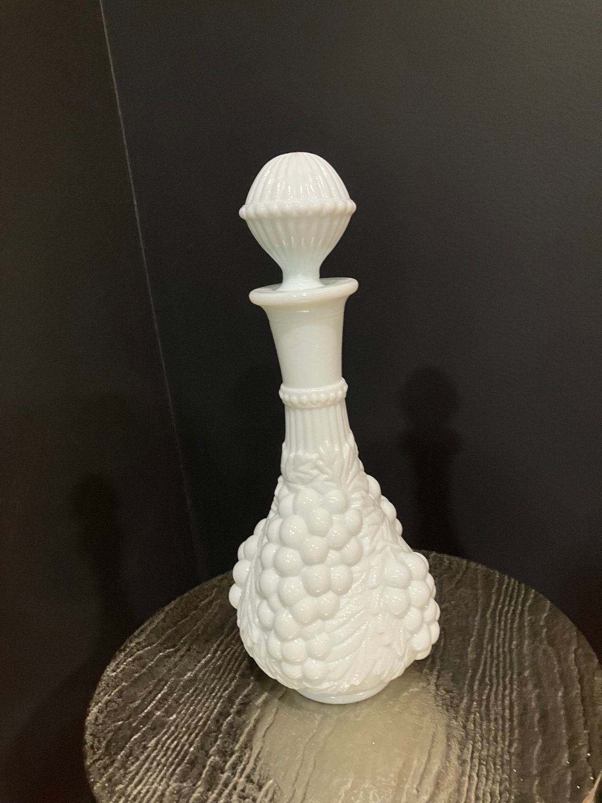 Vintage Imperial Milk Glass Grape Leaves Decanter With Stopper