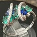 Blue Sapphire, Emerald and Diamond Sterling Silver Ring Size 7