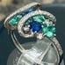 Blue Sapphire, Emerald and Diamond Sterling Silver Ring Size 7