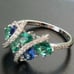 Blue Sapphire, Emerald and Diamond Sterling Silver Ring Size 7
