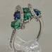 Blue Sapphire, Emerald and Diamond Sterling Silver Ring Size 7