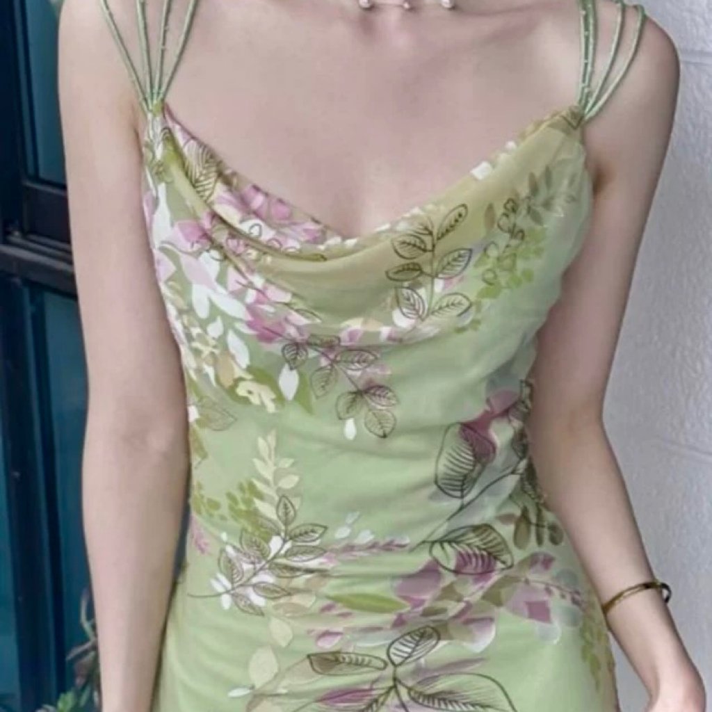 Light Green crowl collar slip dress with floral details