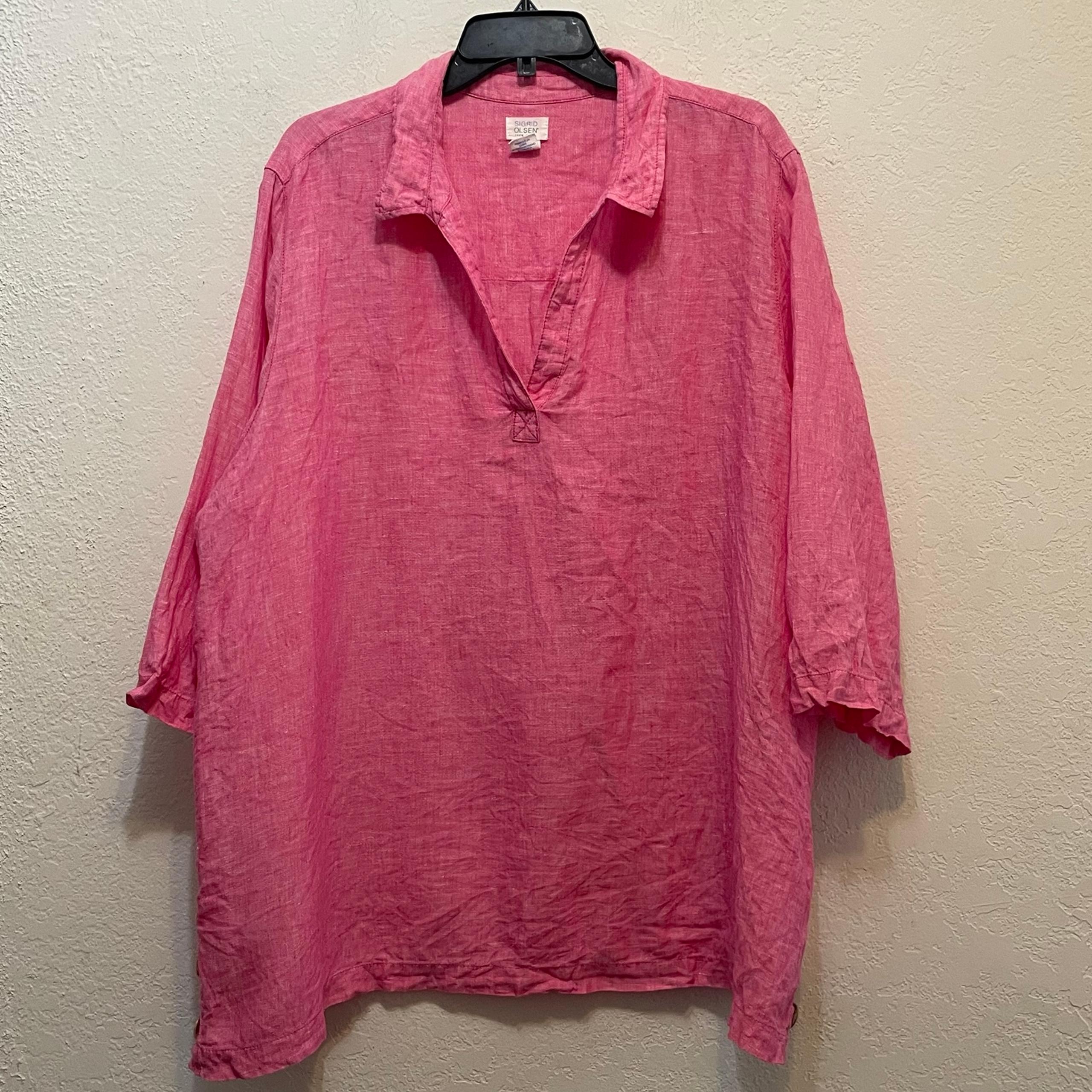 Sigrid Olsen Womens Size 2X Pink 3/4 Sleeve Linen Tunic Top Lagenlook Casual