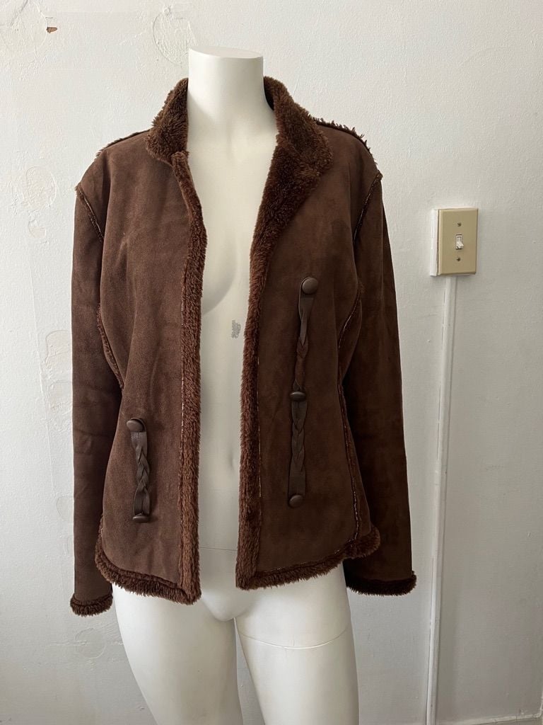 Anne Klein Brown italian leather shearling faux fur Sherpa Lined Jacket Size 4