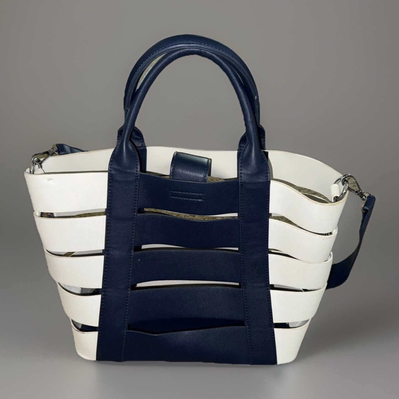 Madison West Blue White Faux Leather Satchel Tote w/Accessory Bag