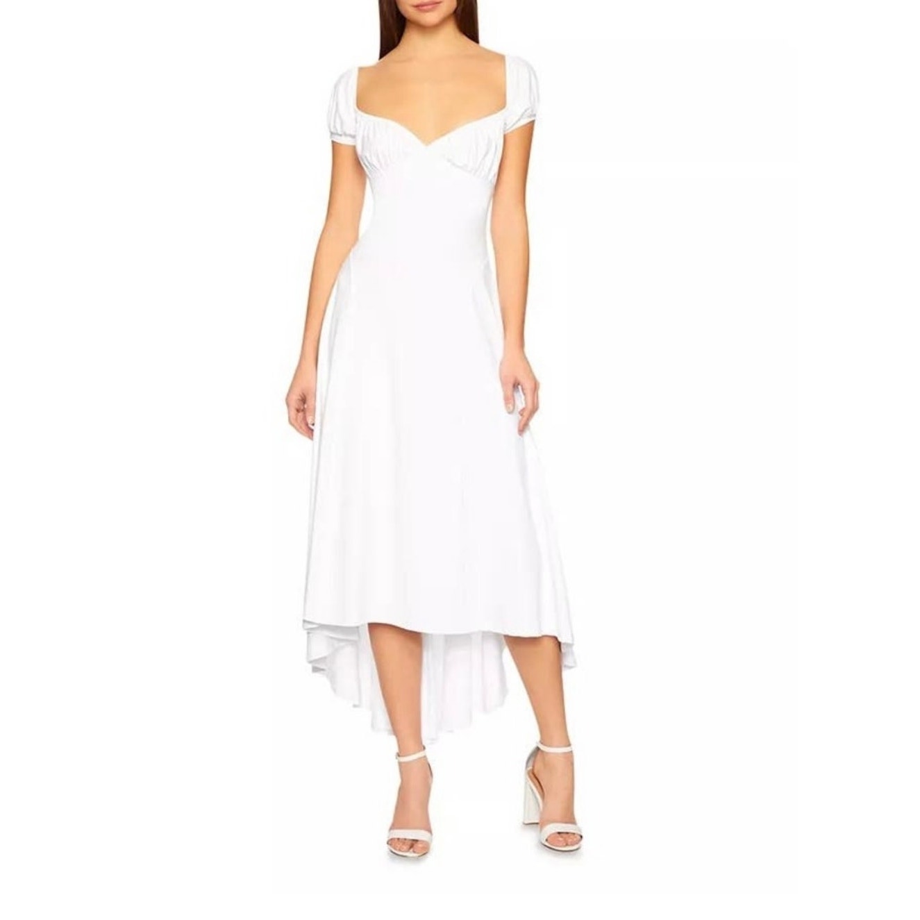 Susana Monaco Sugar White Puff Sleeve Shoulder High Low Wedding Midi Dress Small