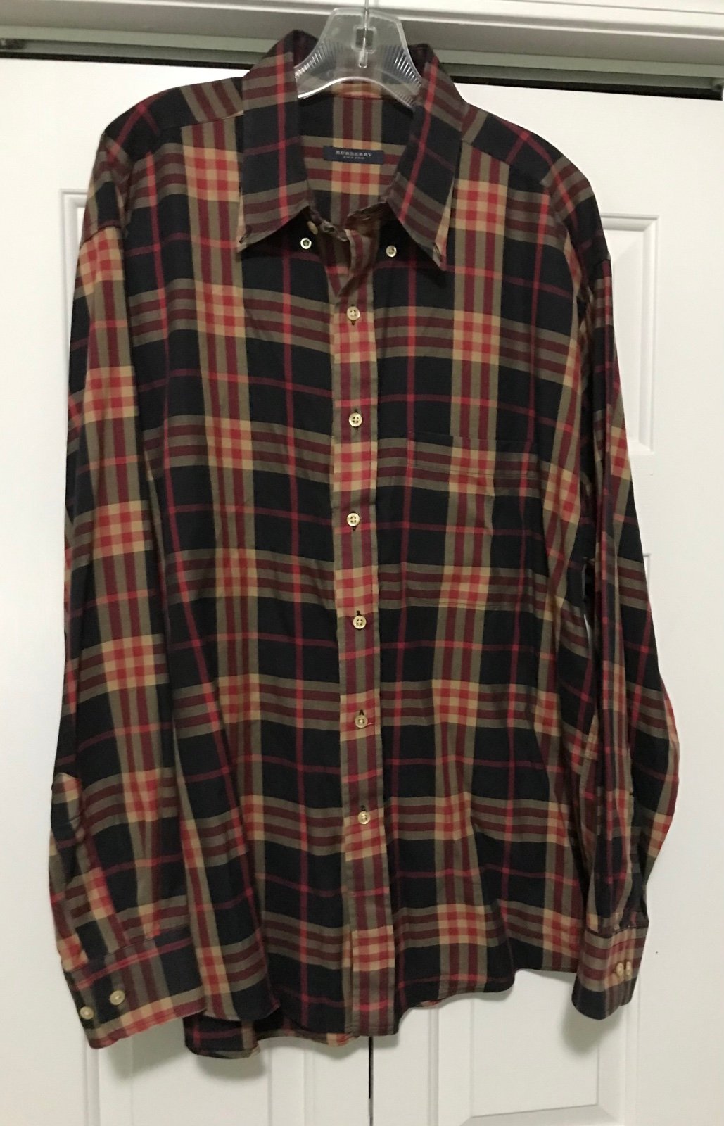 Burberry London Mens XL Black Red Nova Check Plaid Button Front Cotton Shirt