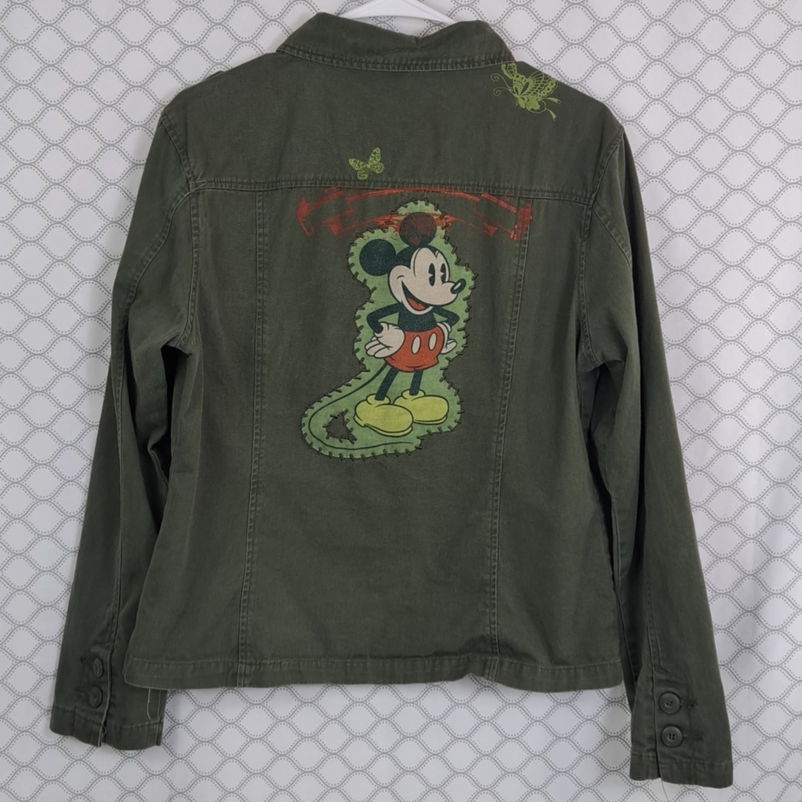 Disney Mickey Mouse embroidered button up army green women's large utilit jacket